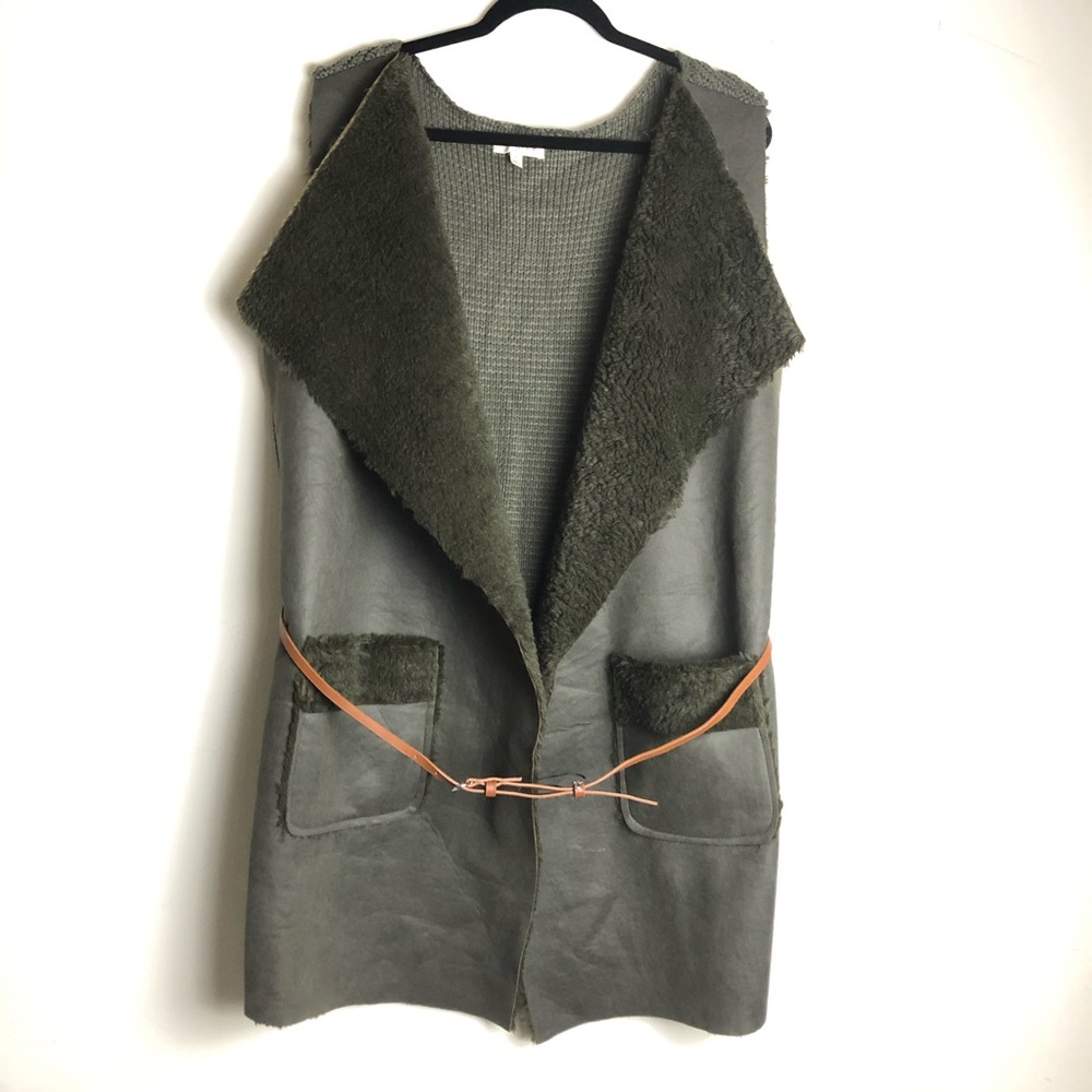 Umgee Womens XL Faux Suede Open Front Belted Chunky Knit Long Vest Olive Green